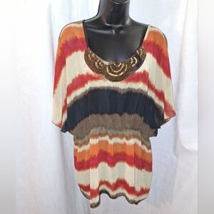 Studio Y Red and Orange Graphic Short Sleeve Blouse